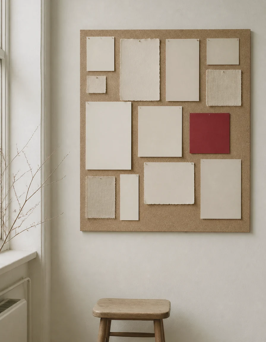 A studio pinboard covered with paper swatches and fabric samples on a chalky white wall