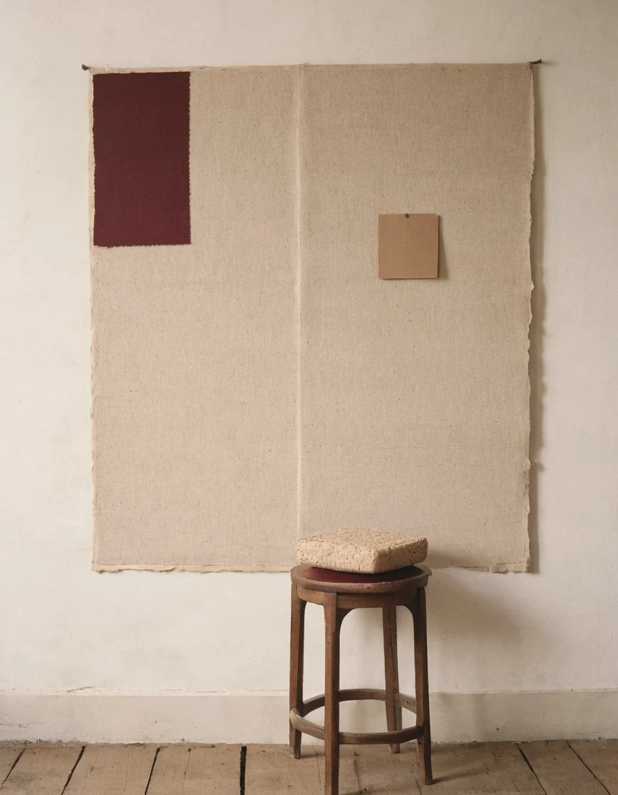 A studio pinboard covered with paper swatches and fabric samples on a chalky white wall