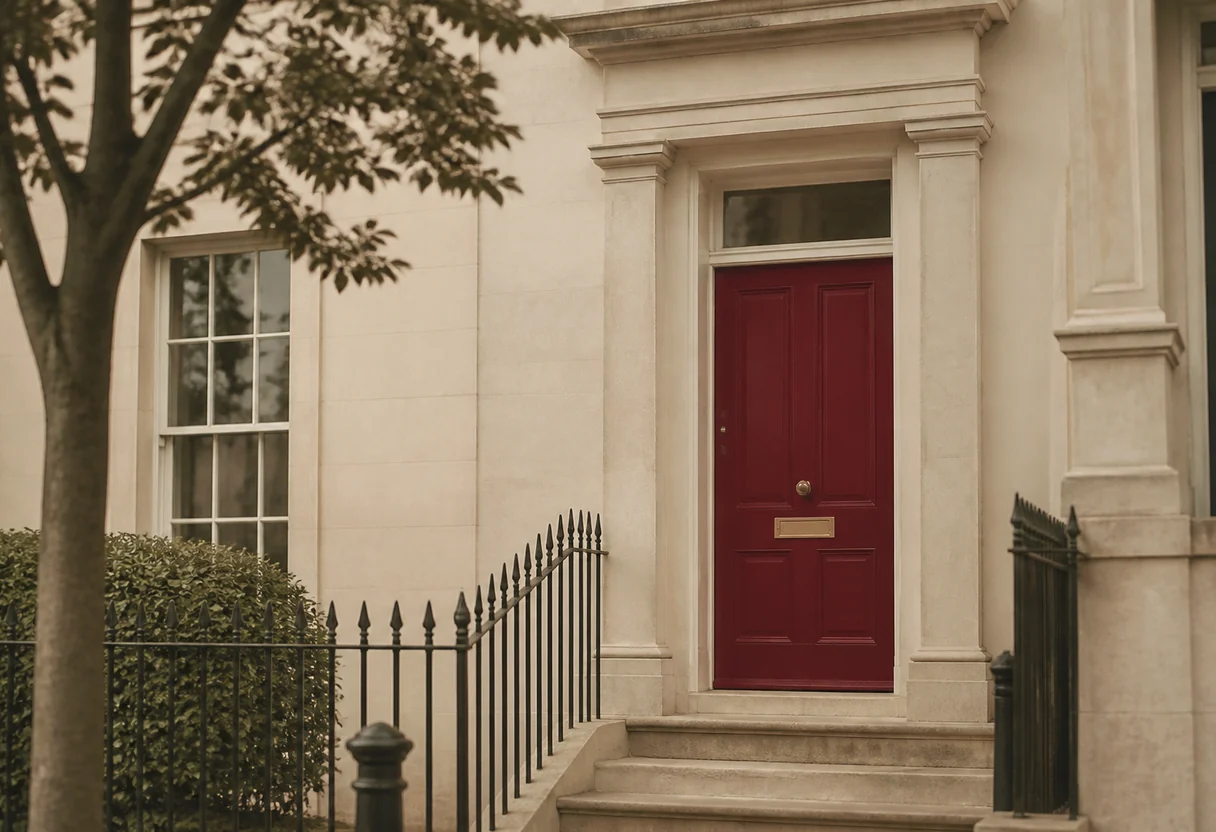 A London Georgian terrace with tall sash windows and a deep red painted front door