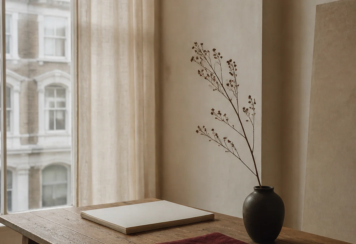 A quiet London studio interior: tall sash window, oak worktable, stacked paper and folded red cloth