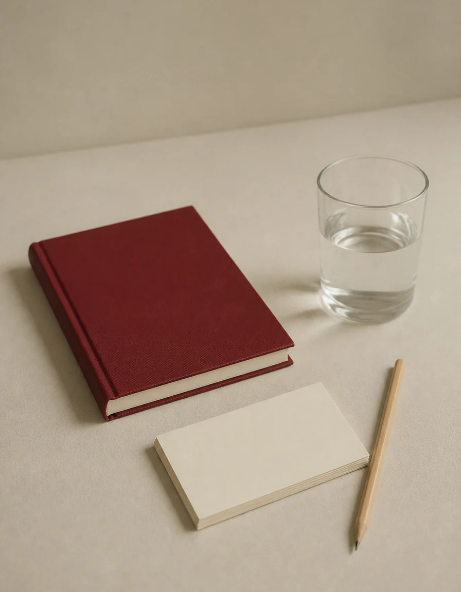 Studio desk with a red cloth-bound notebook, blank index cards and a pencil in morning light