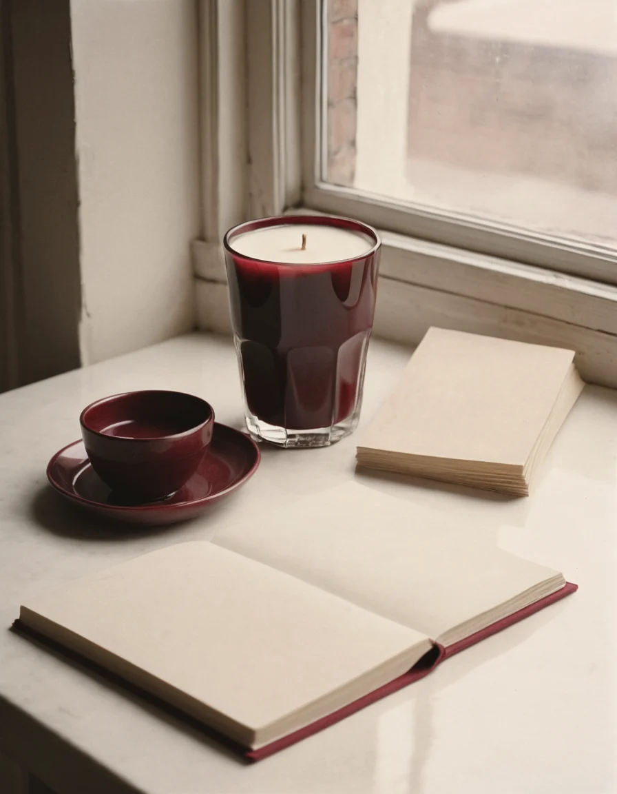 Studio desk with a red cloth-bound notebook, blank index cards and a pencil in morning light